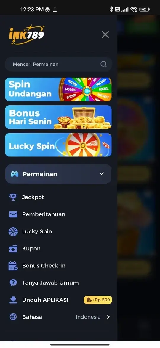 INK789 menu navigasi dan promosi
